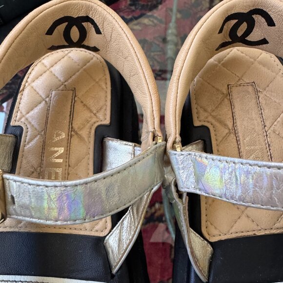 Chanel Dad Sandals Black White Tan Holographic Strap Euro Size 38 US Size 7.5 - Picture 6 of 13